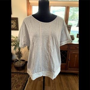 J. Crew gray t-shirt with print trim at hem.